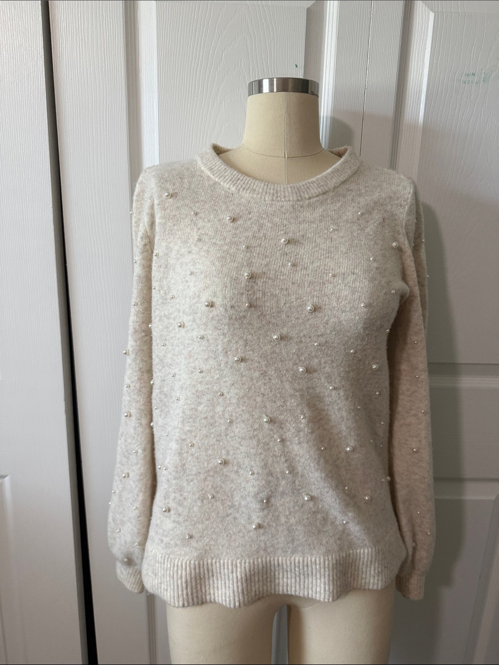 LOFT Pearl-Embellished Cream Crewneck Sweater